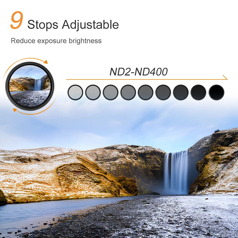 K&F CONCEPT ND2 to ND400 ND Lens Filter Adjustable Variable 49mm 52mm 58mm 62mm 67mm 77mm