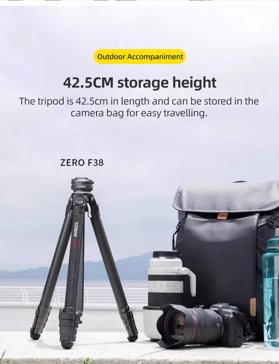 COMAN Zero F38 Carbon Fiber Lightweight Travel Professional Tripod DSLR Camera