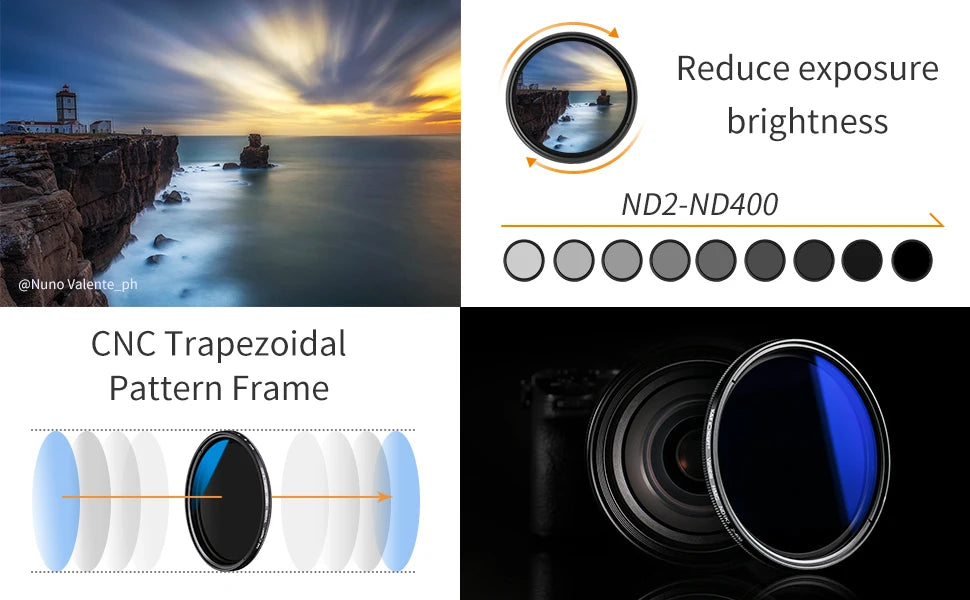 K&F CONCEPT ND2 to ND400 ND Lens Filter Adjustable Variable 49mm 52mm 58mm 62mm 67mm 77mm