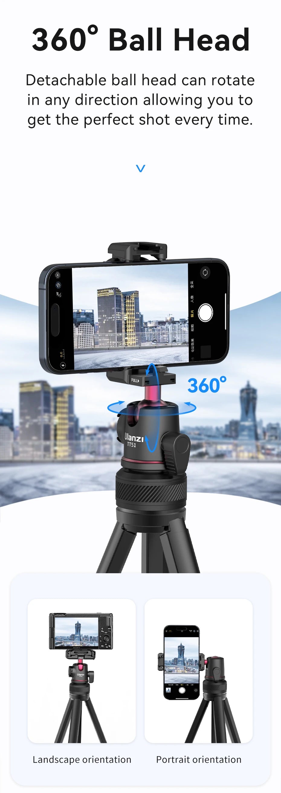 Portable Aluminum Tripod with Rotating Ballhead for Phone Camera Vlog